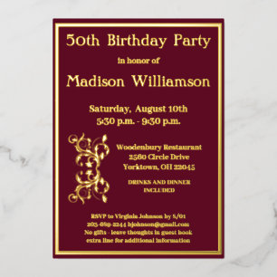 Invitation En Aluminium Anniversaire Tout Âge Rouge Or Véritable    