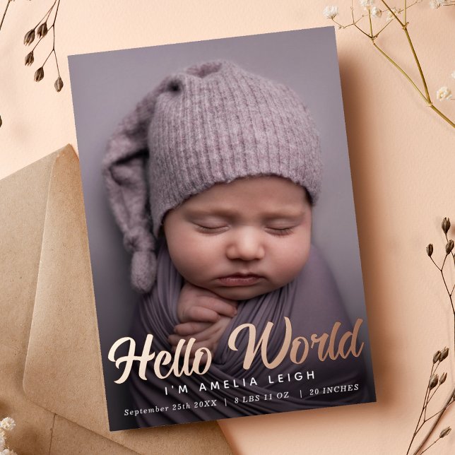 Invitation En Aluminium Annonce de naissance douce Hello World en feuille  (Créateur téléchargé)