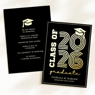 Invitation En Aluminium Annonce de remise de diplôme élégante en noir et o