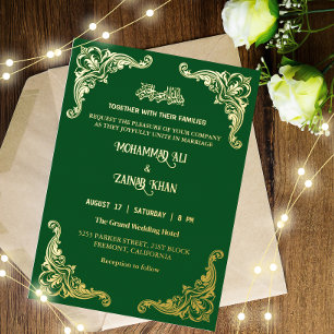 Invitation En Aluminium Antique cadre or Emerald Green Mariage islamique
