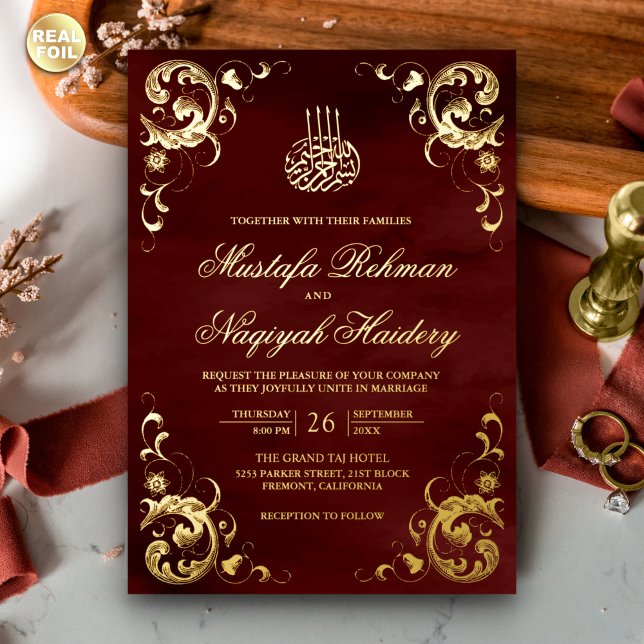 Invitation En Aluminium Antique Frame Bourgogne Rouge Mariage islamique Or (Créateur téléchargé)