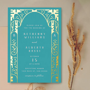 Invitation En Aluminium Aqua Élégant Feuille Art Nouveau Arche Feuille Inv