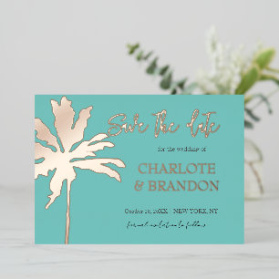 Invitation En Aluminium Aqua Gold Palm Tree Beach Mariage Enregistrer La D
