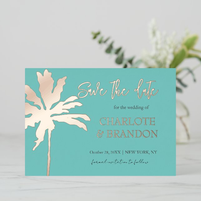 Invitation En Aluminium Aqua Gold Palm Tree Beach Mariage Enregistrer La D (Debout devant)