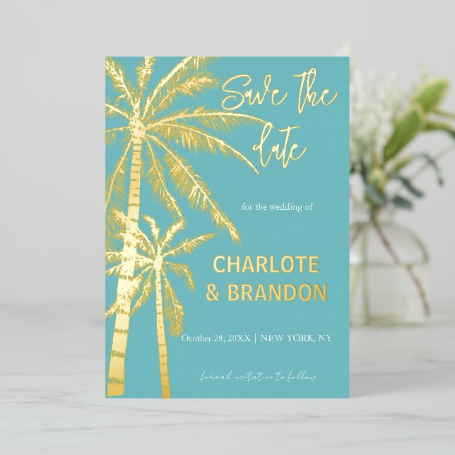Invitation En Aluminium Aqua Gold Palm Trees Beach Wedding Enregistrer La  (Debout devant)