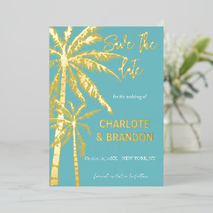 Invitation En Aluminium Aqua Gold Palmiers Plage Mariage Économisez La Dat