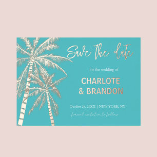 Invitation En Aluminium Aqua Gold Palmiers Plage Mariage Économisez la Dat