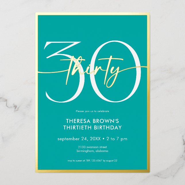 Invitation En Aluminium Aqua minima moderne 30 Script Anniversaire (Recto)
