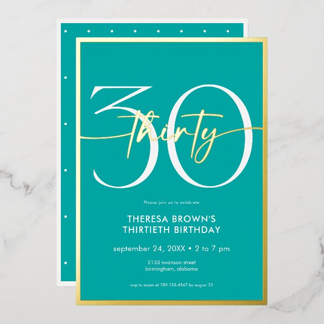 Invitation En Aluminium Aqua minima moderne 30 Script Anniversaire (Recto/Verso)