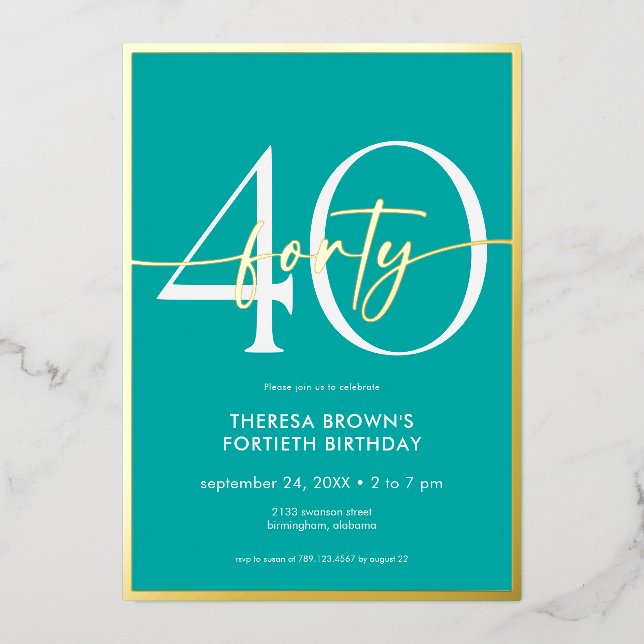 Invitation En Aluminium Aqua minima moderne Quarante Script Anniversaire (Recto)