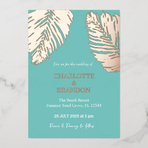 Invitation En Aluminium Aqua Tropical Feuille de Palmier Mariage Or