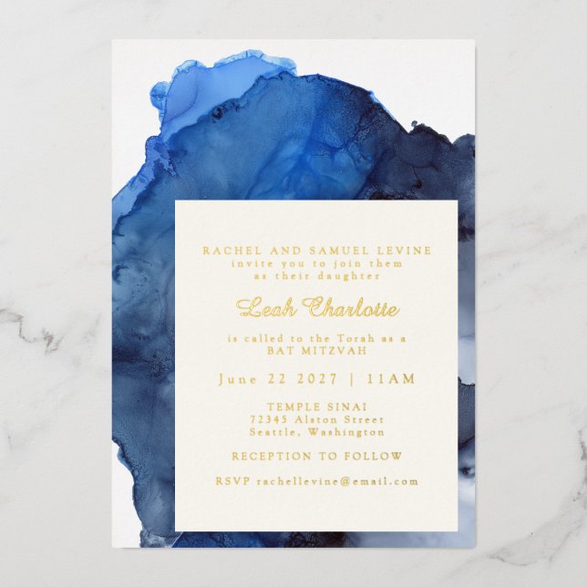 Invitation En Aluminium Aquarelle Abstraite tendance Bat mitzvah or (Recto)