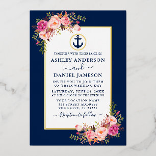 Invitation En Aluminium Aquarelle Ancre marine rose Floral bleu or