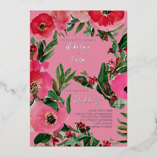 Invitation En Aluminium Aquarelle Anemone Mariage rose (Recto)