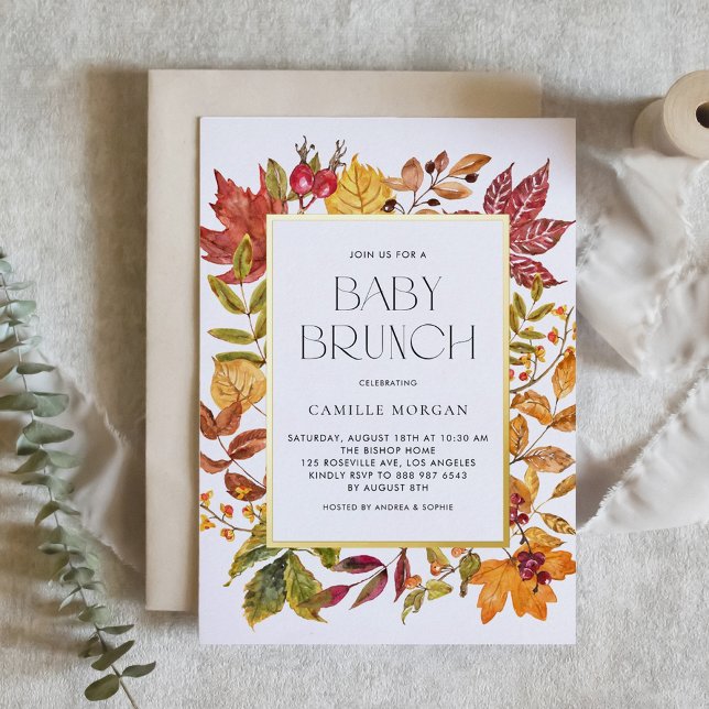 Invitation En Aluminium Aquarelle Automne Feuilles Cadre Automne Bébé Brun (Customizable Autumn Gold Foil Baby Brunch Invitation with Watercolor Foliage Frame)