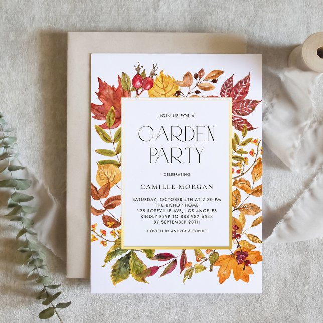 Invitation En Aluminium Aquarelle Automne Feuilles Frame Automne Jardin Fê (Customizable fall garden party invitation featuring watercolor autumn foliage and gold foil frame)