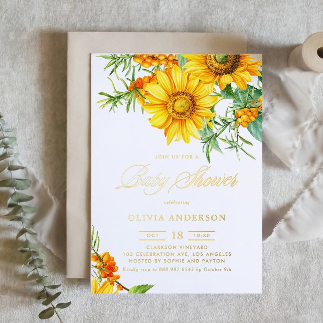 Invitation En Aluminium Aquarelle Baby shower de tournesol et d'épine de m (Botanical baby shower gold foil invitation featuring illustrations of sunflower and sea buckthorn.)