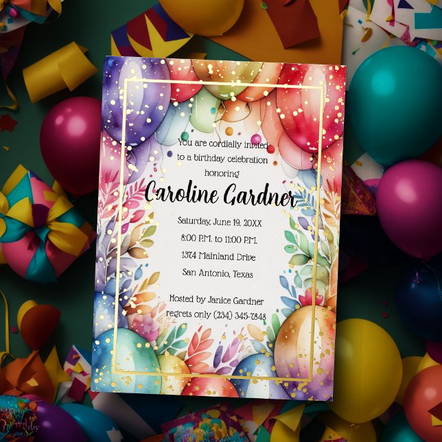 Invitation En Aluminium Aquarelle Ballons d'anniversaire Floral coloré (Créateur téléchargé)