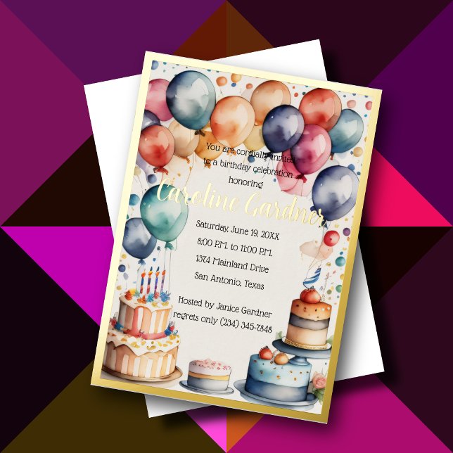Invitation En Aluminium Aquarelle Ballons d'anniversaire gâteau coloré (Créateur téléchargé)