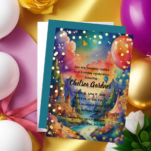 Invitation En Aluminium Aquarelle Ballons d'anniversaire Imaginaire Paysag