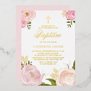 Invitation En Aluminium Aquarelle Baptême floral rose pâle