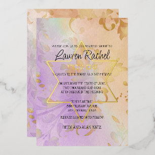 Invitation En Aluminium Aquarelle bat mitzvah Florale Purple Peach