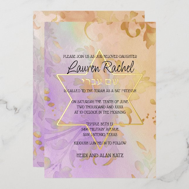 Invitation En Aluminium Aquarelle bat mitzvah Florale Purple Peach (Recto/Verso)