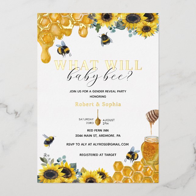 Invitation En Aluminium Aquarelle Bee Genre Révéler Or (Recto)