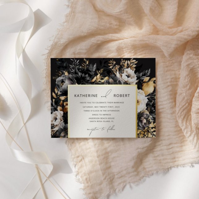 Invitation En Aluminium Aquarelle Black Gold Floral Mariage (Créateur téléchargé)