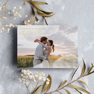 Invitation En Aluminium Aquarelle blanche et or Mariage photo informel