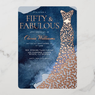 Invitation En Aluminium Aquarelle Bleu 50e Anniversaire Rose Robe d'or