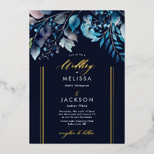 Invitation En Aluminium Aquarelle Bleu branches botaniques Mariage foncé