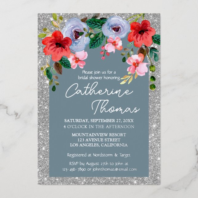 Invitation En Aluminium Aquarelle bleu Dusty Parties scintillant argent Ar (Recto)
