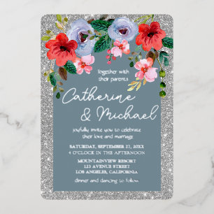 Invitation En Aluminium Aquarelle bleu Dusty Parties scintillant argent Ar