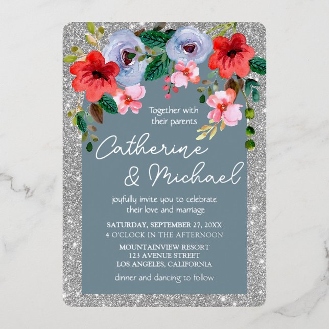 Invitation En Aluminium Aquarelle bleu Dusty Parties scintillant argent Ar (Recto)