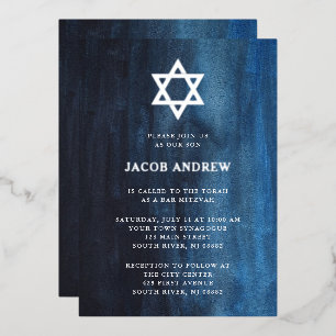 Invitation En Aluminium Aquarelle bleu foncé avec argent Bar Mitzvah