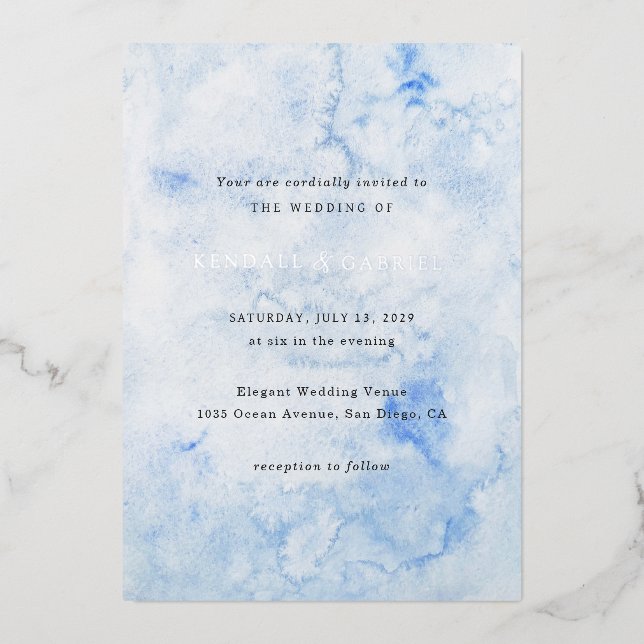 Invitation En Aluminium Aquarelle bleu Kendall Mariage élégant (Recto)