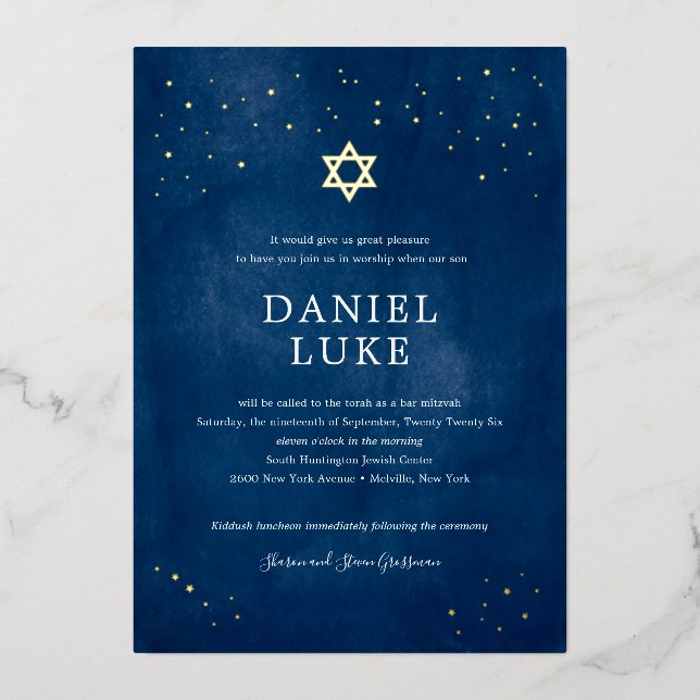 Invitation En Aluminium Aquarelle bleu marine Stress Night Bar Mitzvah (Recto)