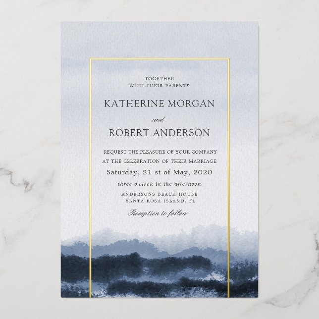 Invitation En Aluminium Aquarelle bleu paysage nature inspirée (Recto)