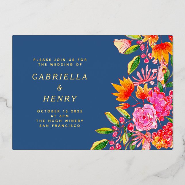 Invitation En Aluminium Aquarelle bleu rose orange Mariage Floral Or (Recto)