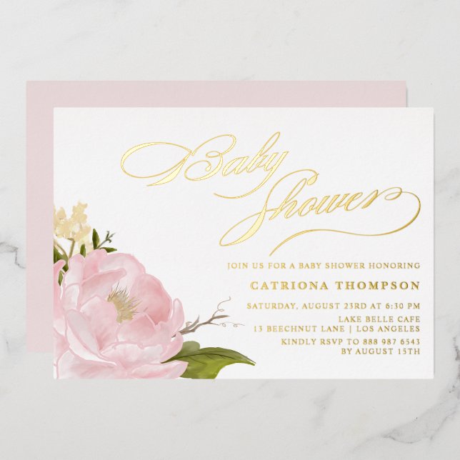 Invitation En Aluminium Aquarelle bleu rose Peony Baby shower or (Recto/Verso)