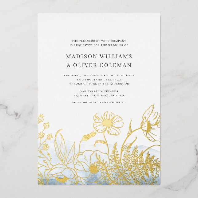 Invitation En Aluminium Aquarelle bleue + Bouquet Fleur sauvage Mariage RE (Recto)