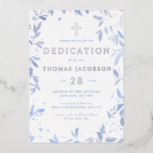 Invitation En Aluminium Aquarelle bleue Feuilles Dédication bébé & Baptême