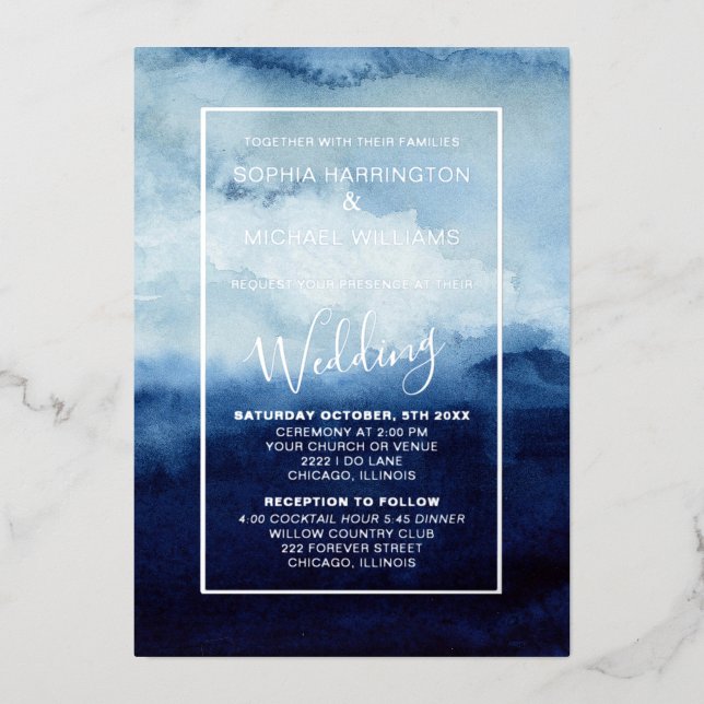 Invitation En Aluminium Aquarelle bleue Foil - Modèle modifiable (Recto)