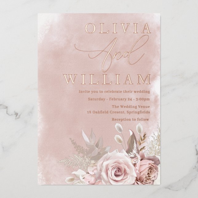Invitation En Aluminium Aquarelle bleue rose Mariage or rose (Recto)