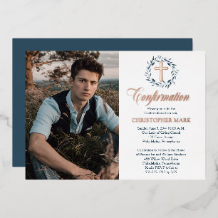 Invitation En Aluminium Aquarelle bleue Wreath Boy Photo Confirmation