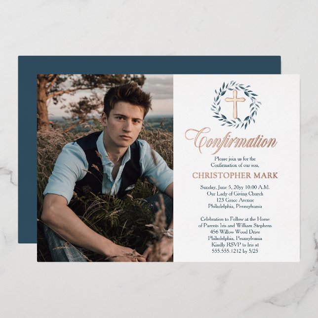 Invitation En Aluminium Aquarelle bleue Wreath Boy Photo Confirmation (Recto/Verso)