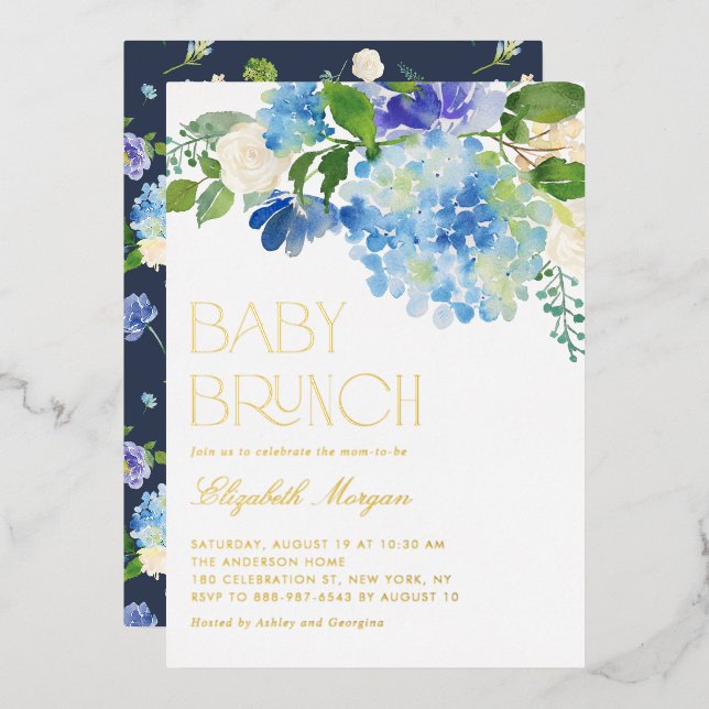 Invitation En Aluminium Aquarelle Blue Hydrangea Baby shower Brunch (Recto/Verso)