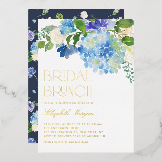 Invitation En Aluminium Aquarelle Blue Hydrangea Floral Bridal Brunch (Recto/Verso)