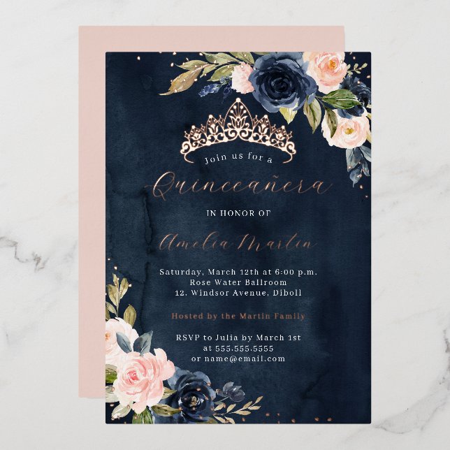 Invitation En Aluminium Aquarelle Blush Navy Rose Gold Quinceanera (Recto/Verso)